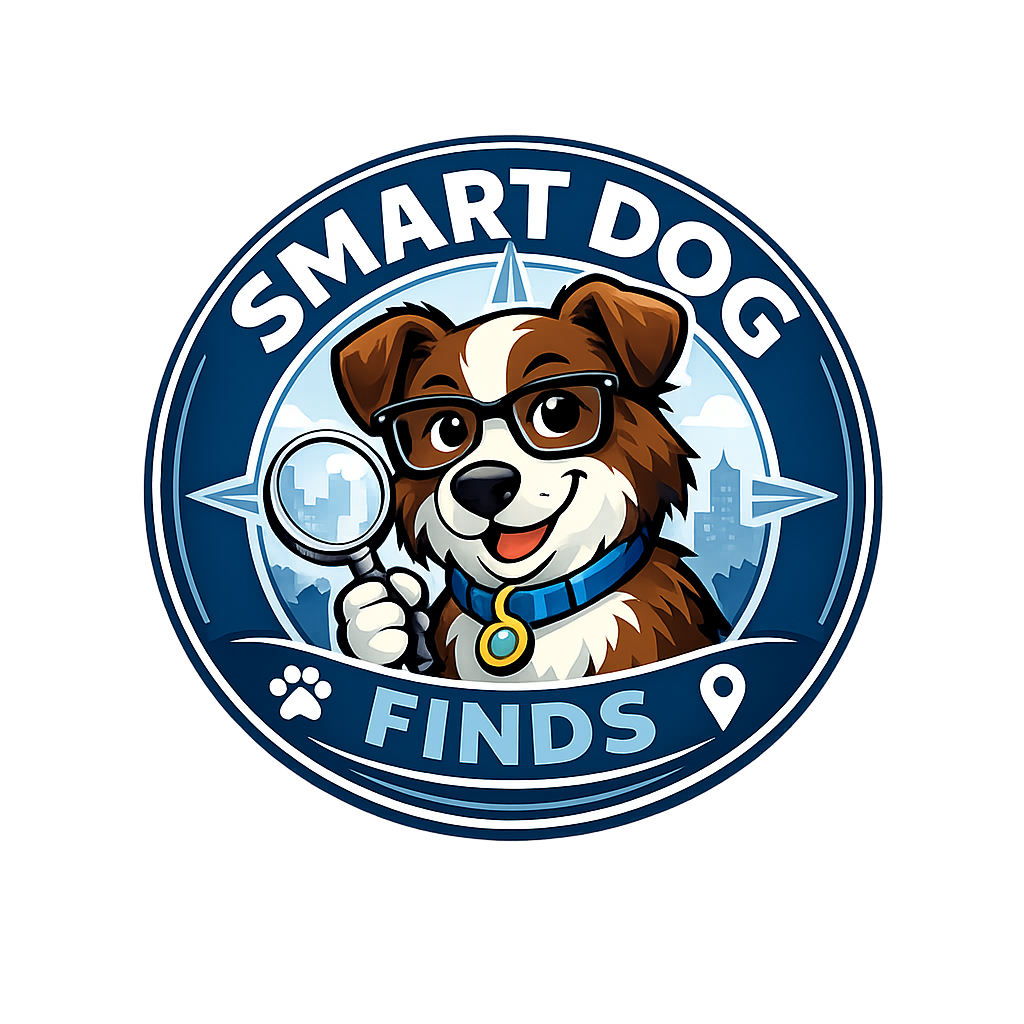 Smart Dog Finds logo with a cartoon dog wearing glasses and holding a magnifying glass, representing dog product reviews, training tips, and pet care recommendations.